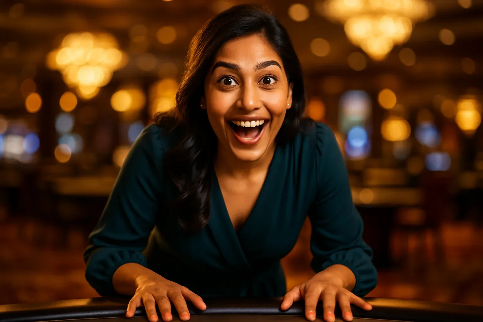 Excited Bangladeshi woman portrait with bokeh casino lights in gold tones