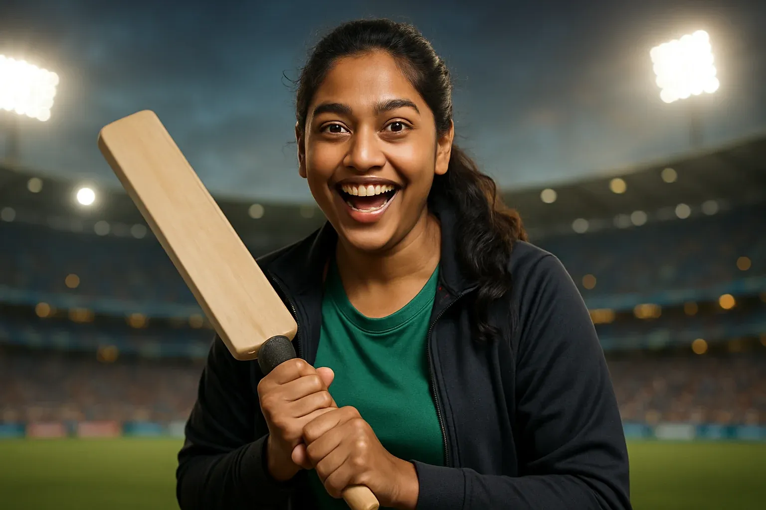 Excited Bangladeshi woman holding cricket bat in stadium portrait