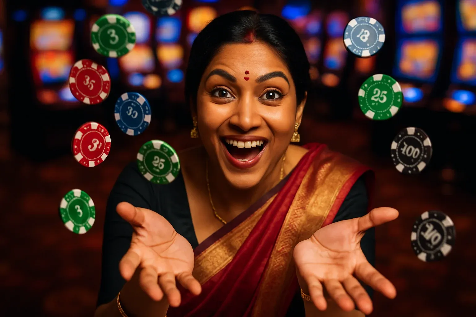 Excited Bangladeshi woman in elegant saree catching falling casino chips