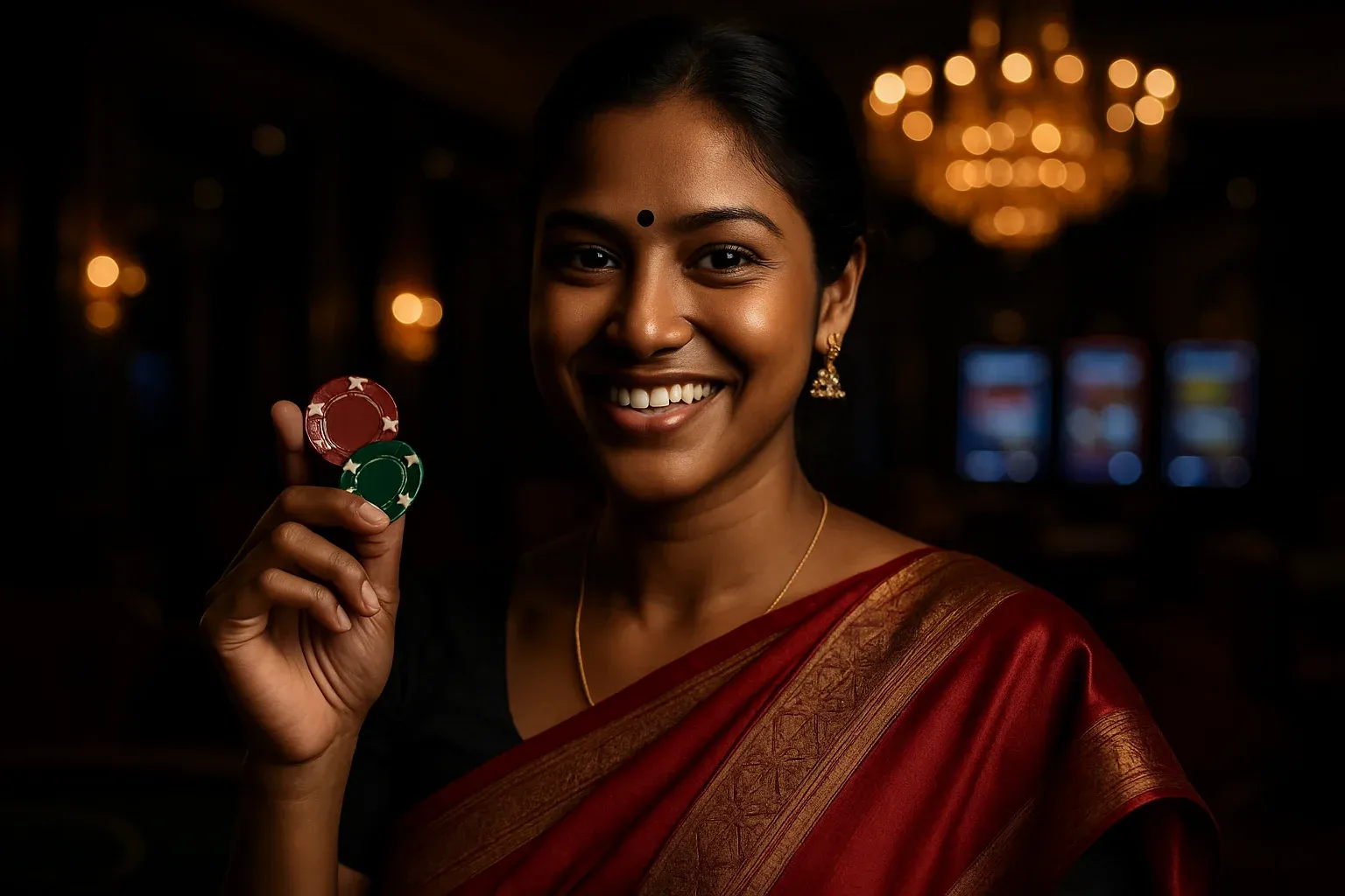 Confident Bangladeshi woman in saree holding casino chips in VIP room