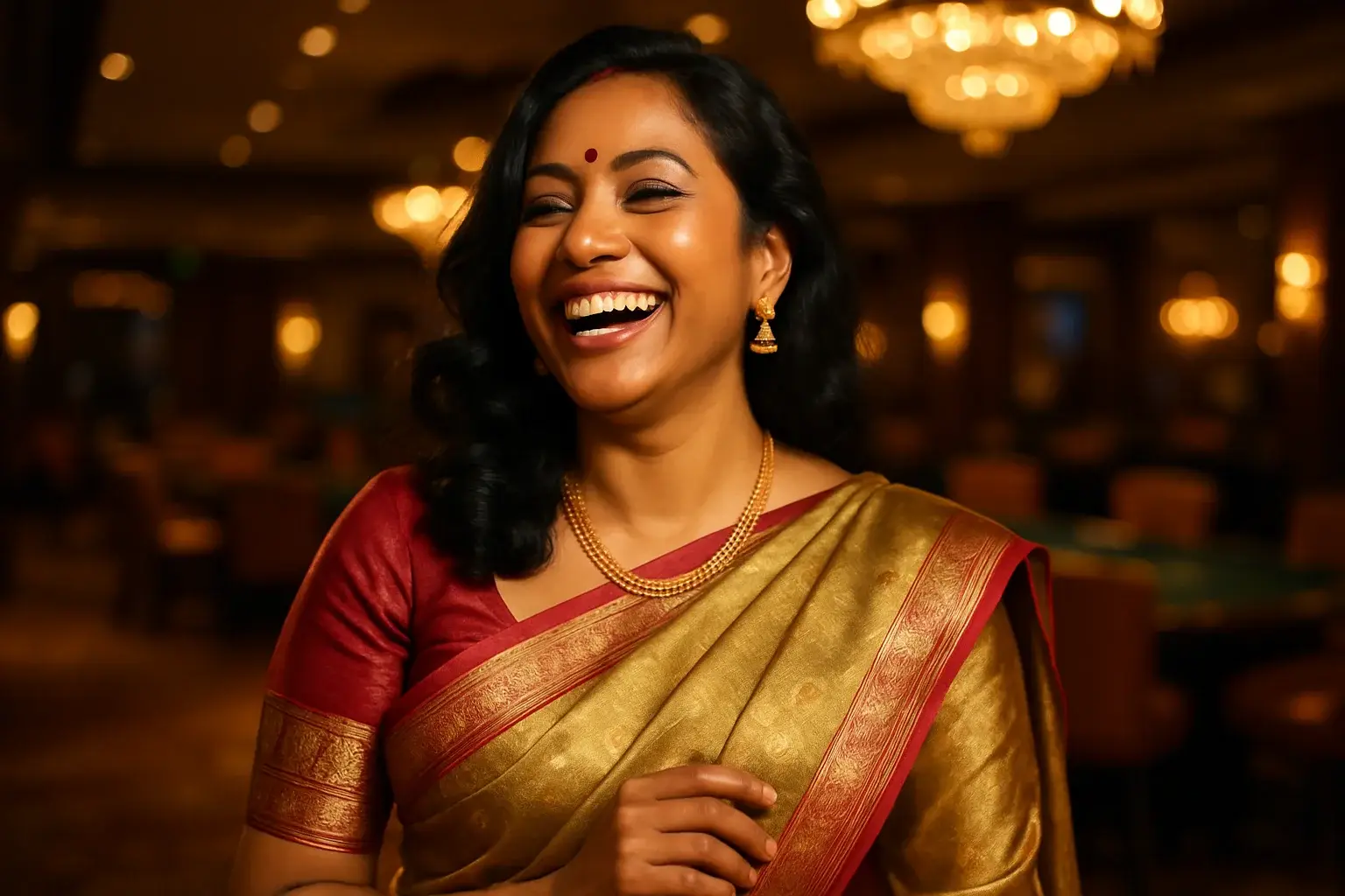 Sophisticated Bangladeshi woman in elegant saree laughing in VIP casino lounge