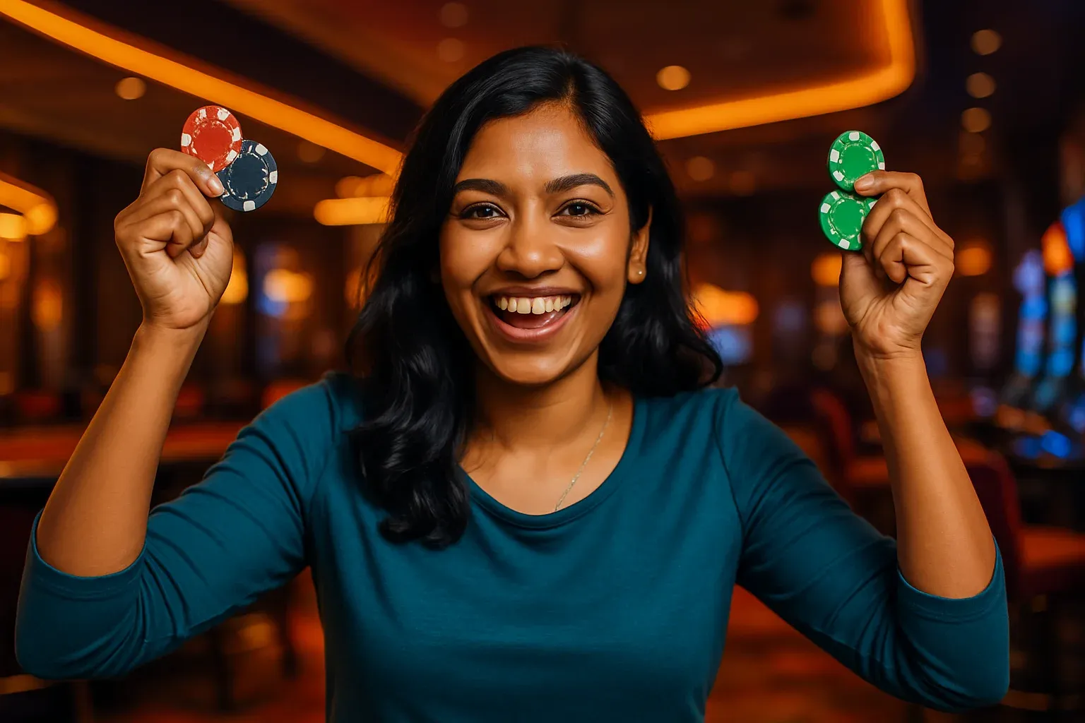 Joyful Bangladeshi woman holding casino chips, blurred neon casino background